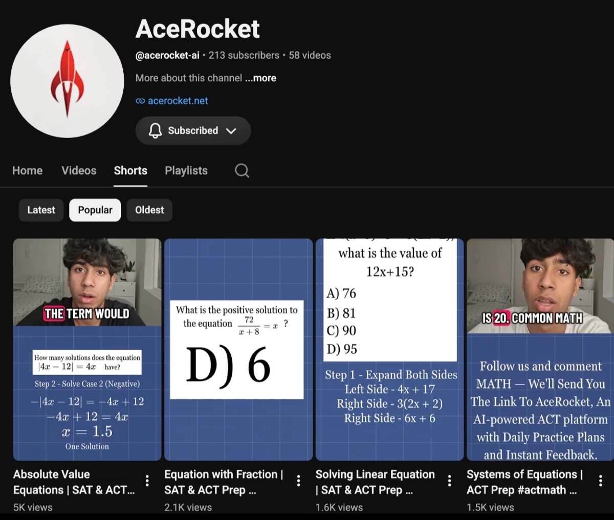 AceRocket’s YouTube channel, with Angad in its most popular shorts