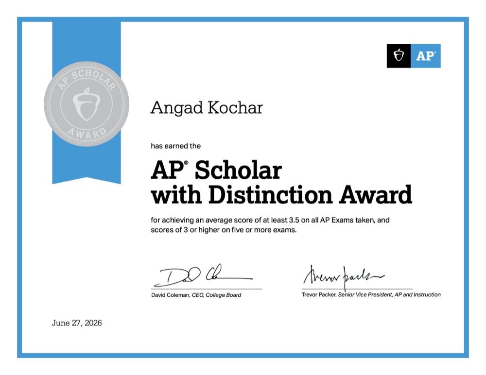 AP Scholar with Distinction certificate, June 27, 2026